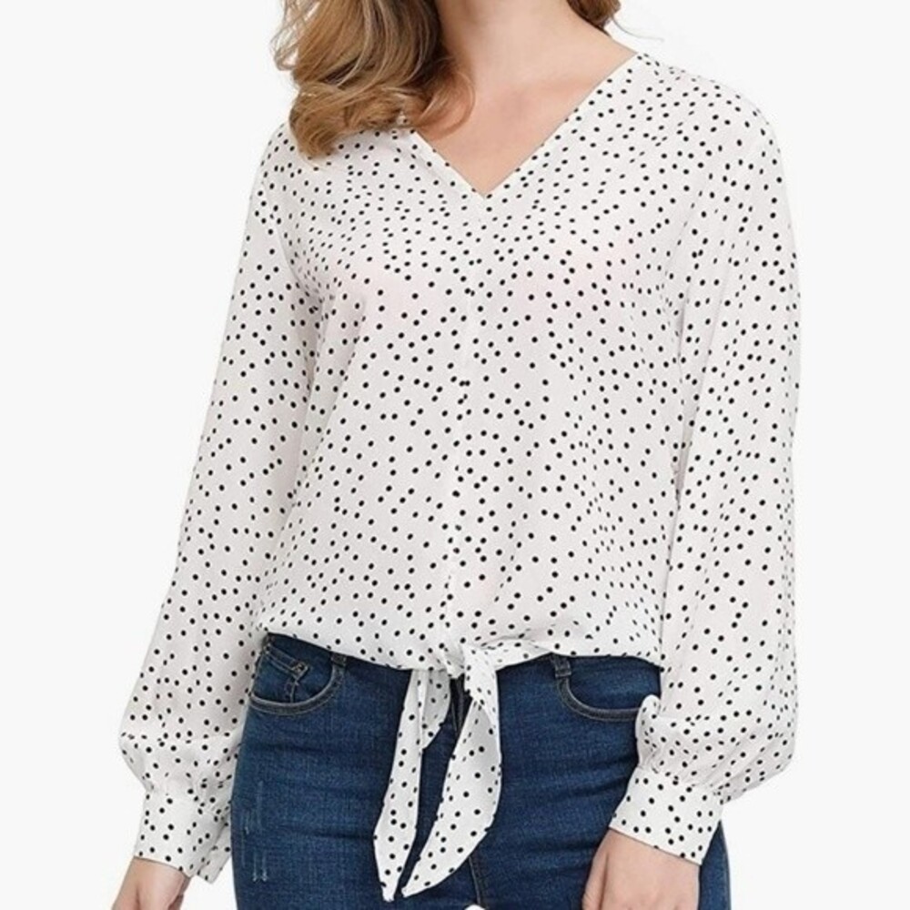 NWT Jasambac Front-tie Long Sleeve Polka-dot White Blouse Size Medium